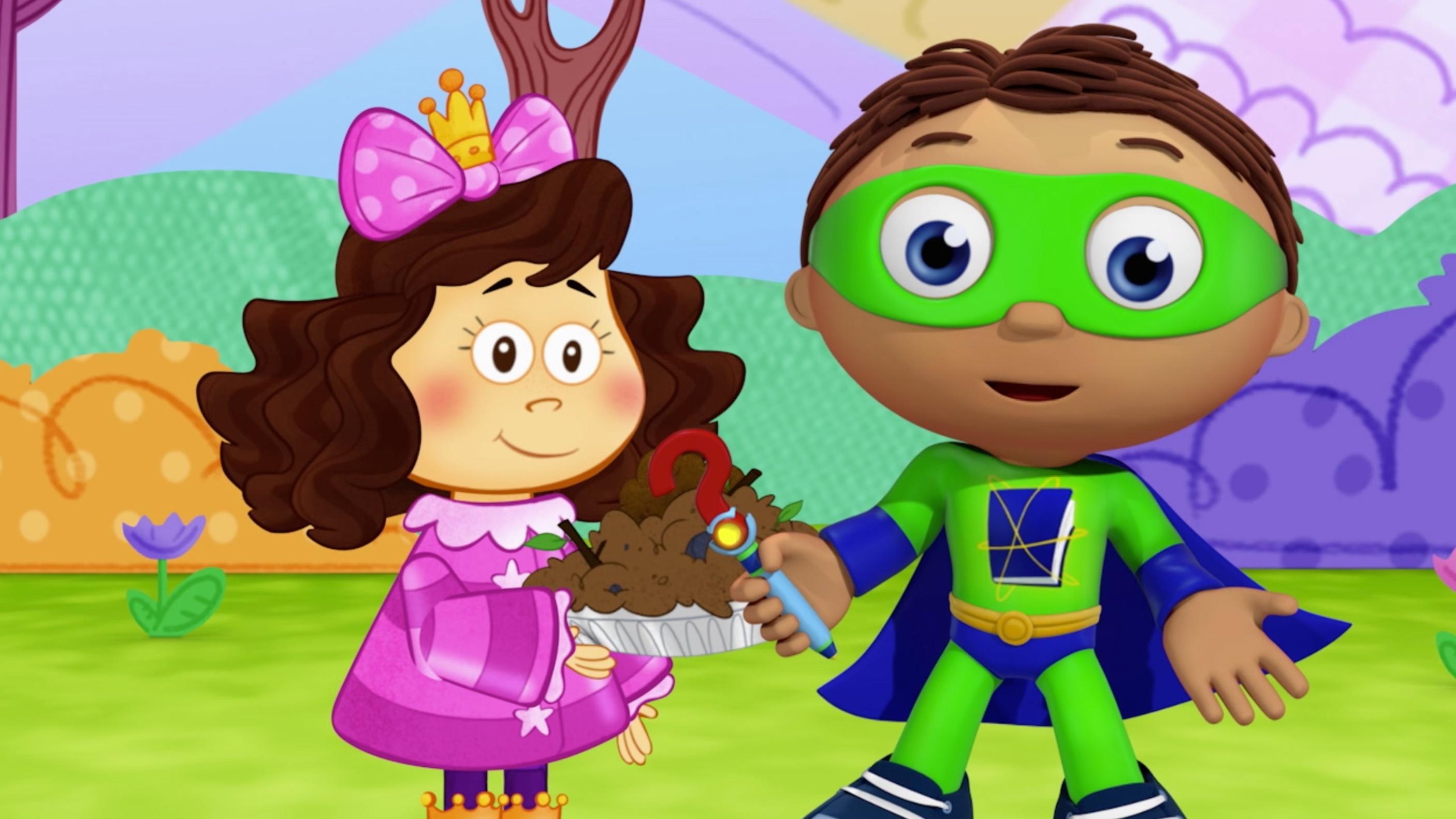 Super Why helps Princess Reese bring mud to the princess picnic.