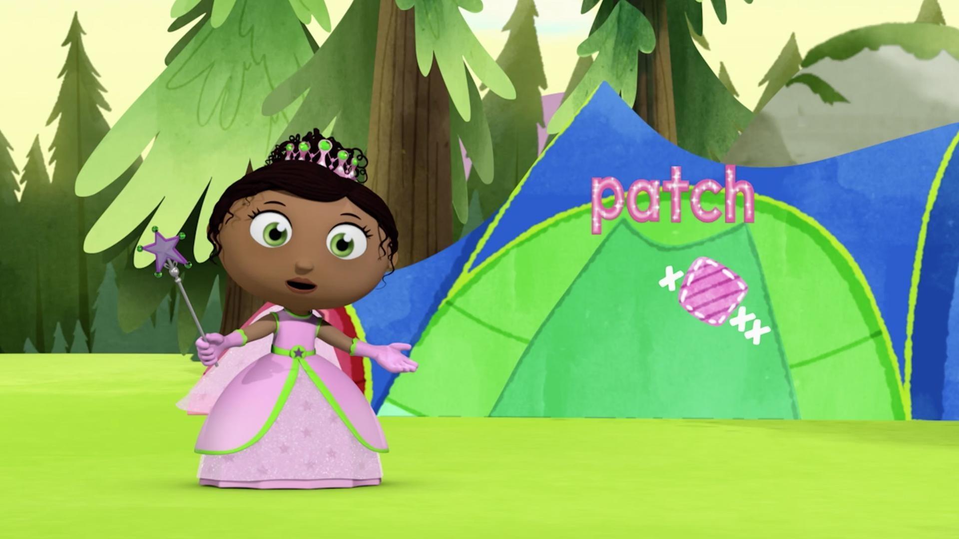 When Mama Bear and Papa Bear rip their camping tent, Princess helps "patch" the hole.