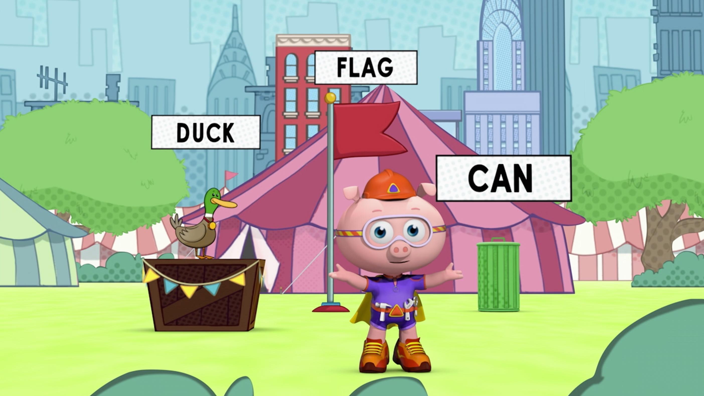 Alpha Pig uses his Lucky Letter Lasso to fix the mess.