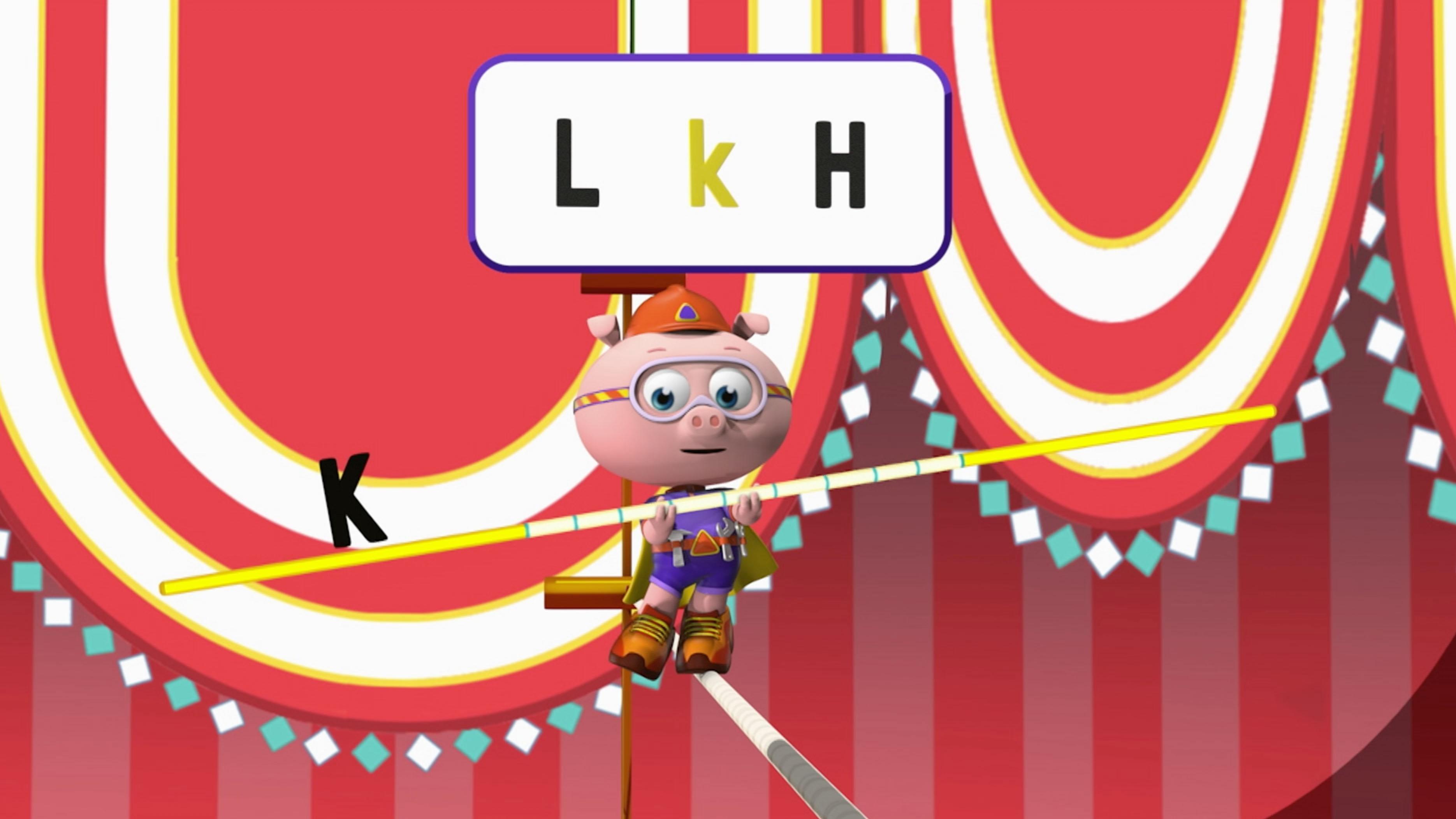 Alpha Pig uses his Alphabet Balancing Pole to walk across the tightrope.