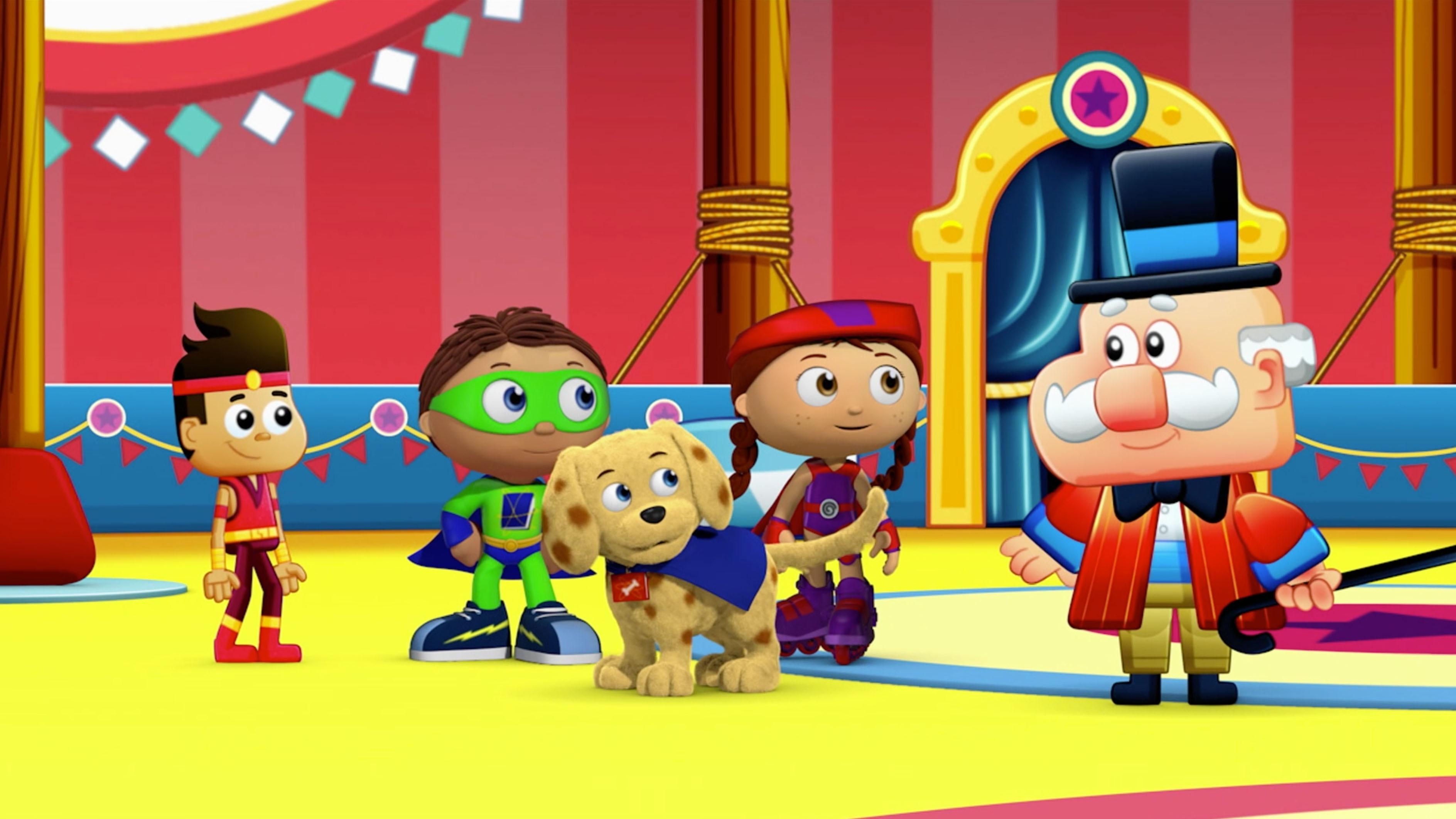 Super Why uses his reading power to help Landon swing on the trapeze.