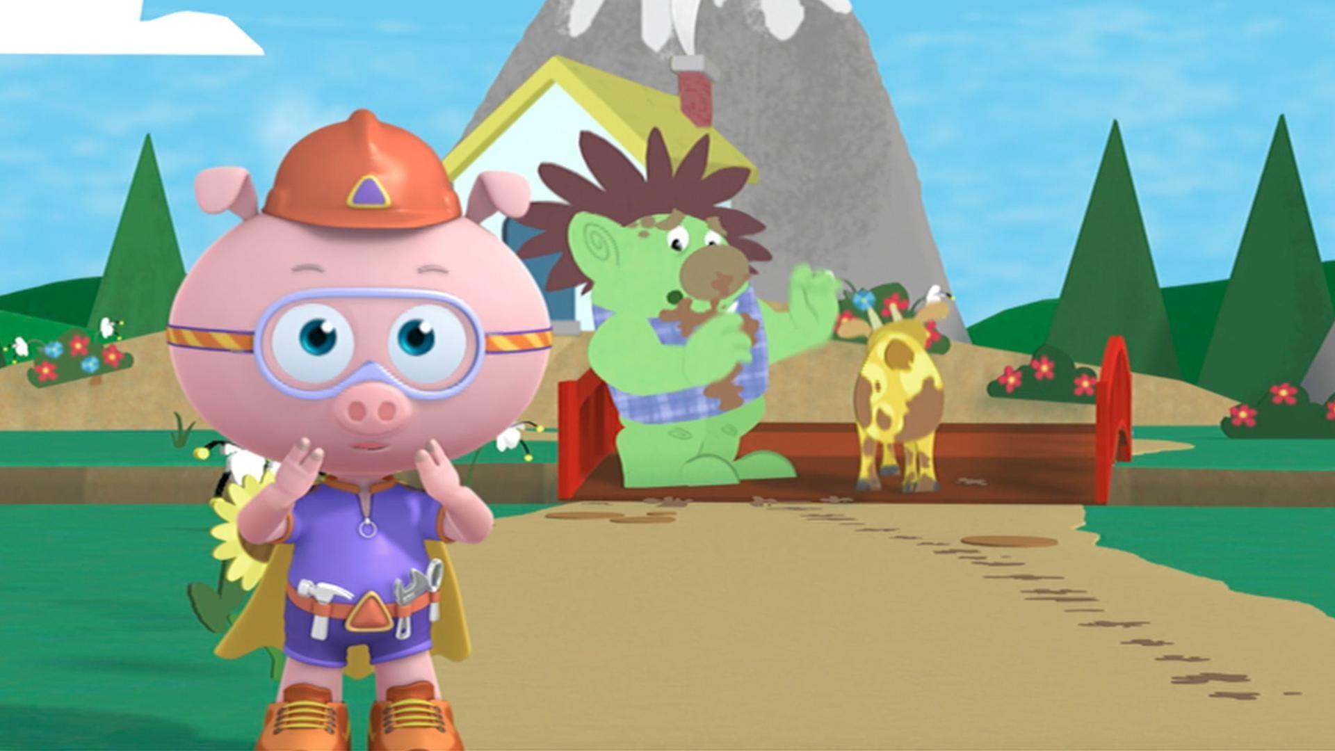 Little Goat is stuck way up high, so Alpha Pig uses his Alphabet Power to help him down.