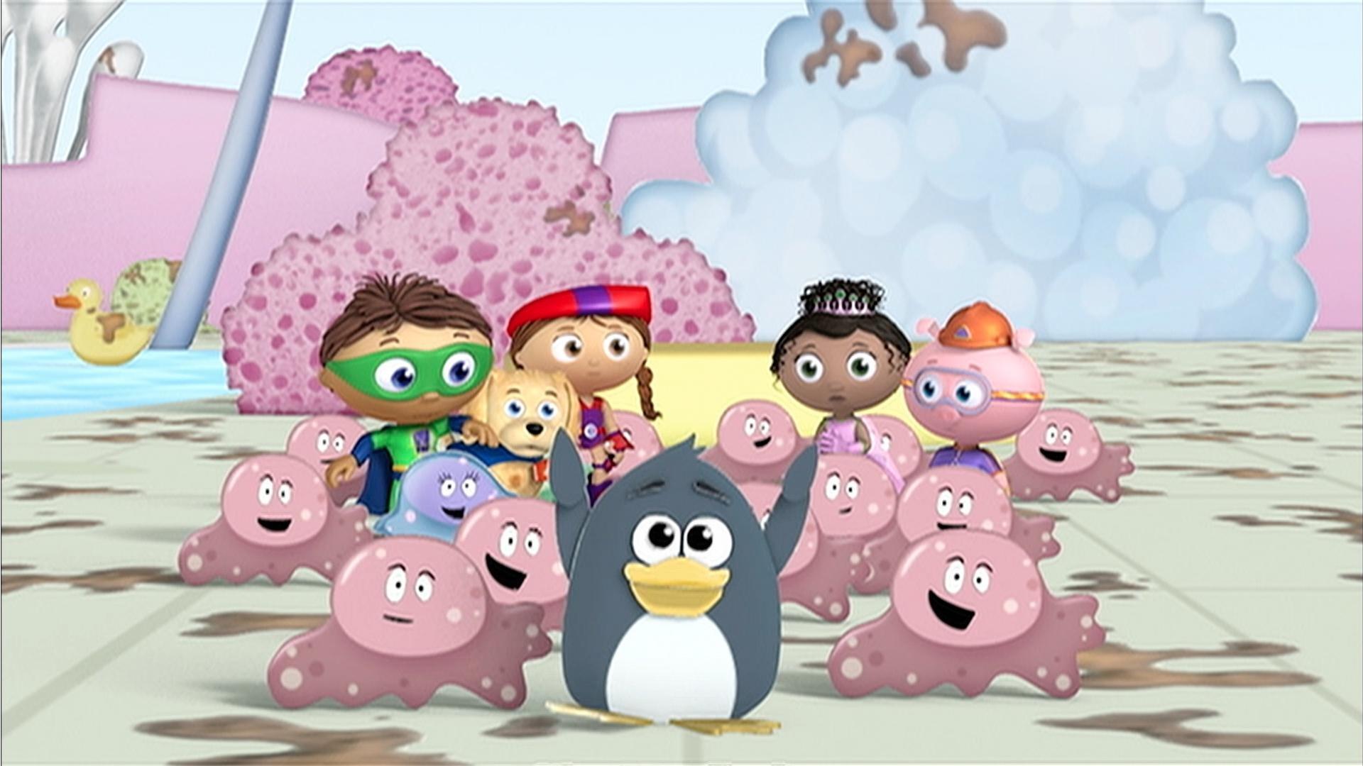 The Super Readers help a brave little penguin save his town from the evil Squirmy Germies.