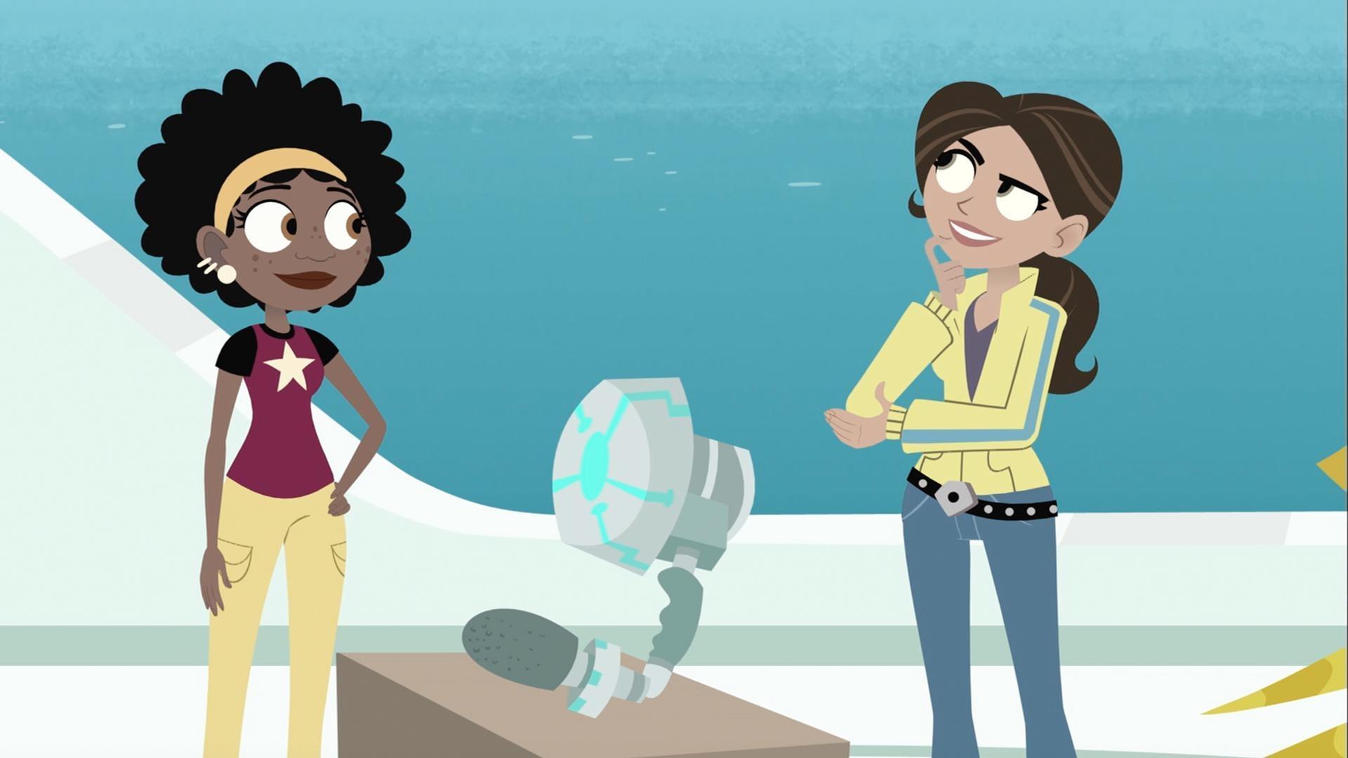 Aviva shows everyone her dolphin decoder invention.