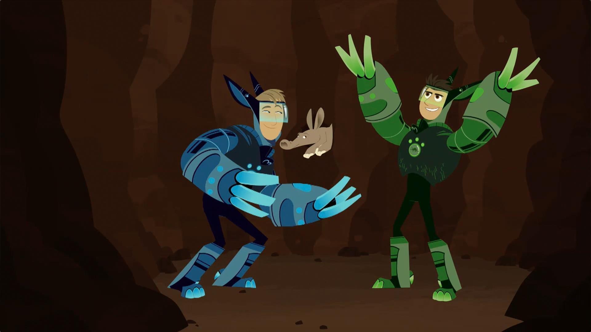Martin and Chris activate into their aardvark power suits to save creatures from Zach.
