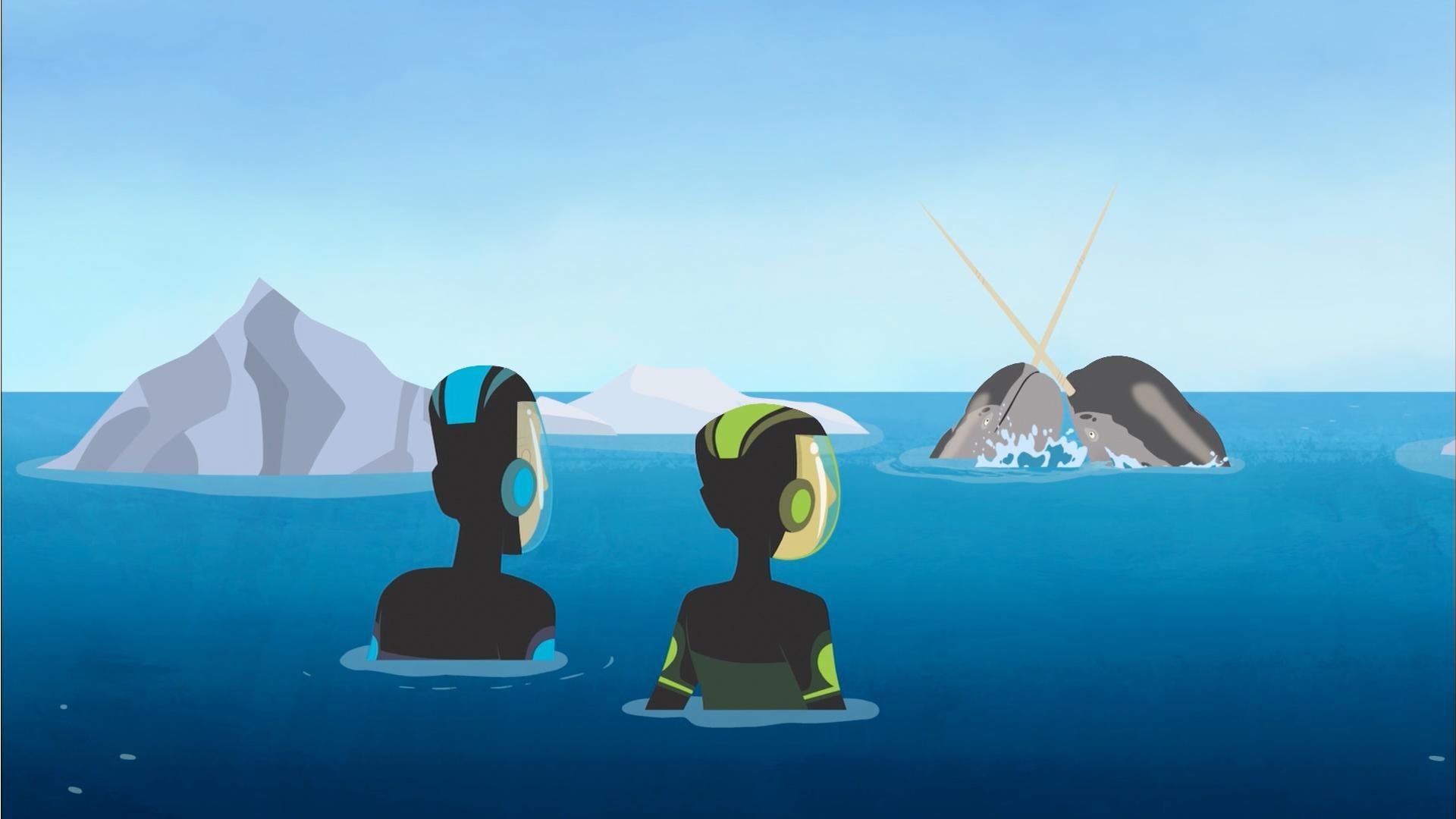 Martin and Chris are swimming with their new baby narwhal buddy.