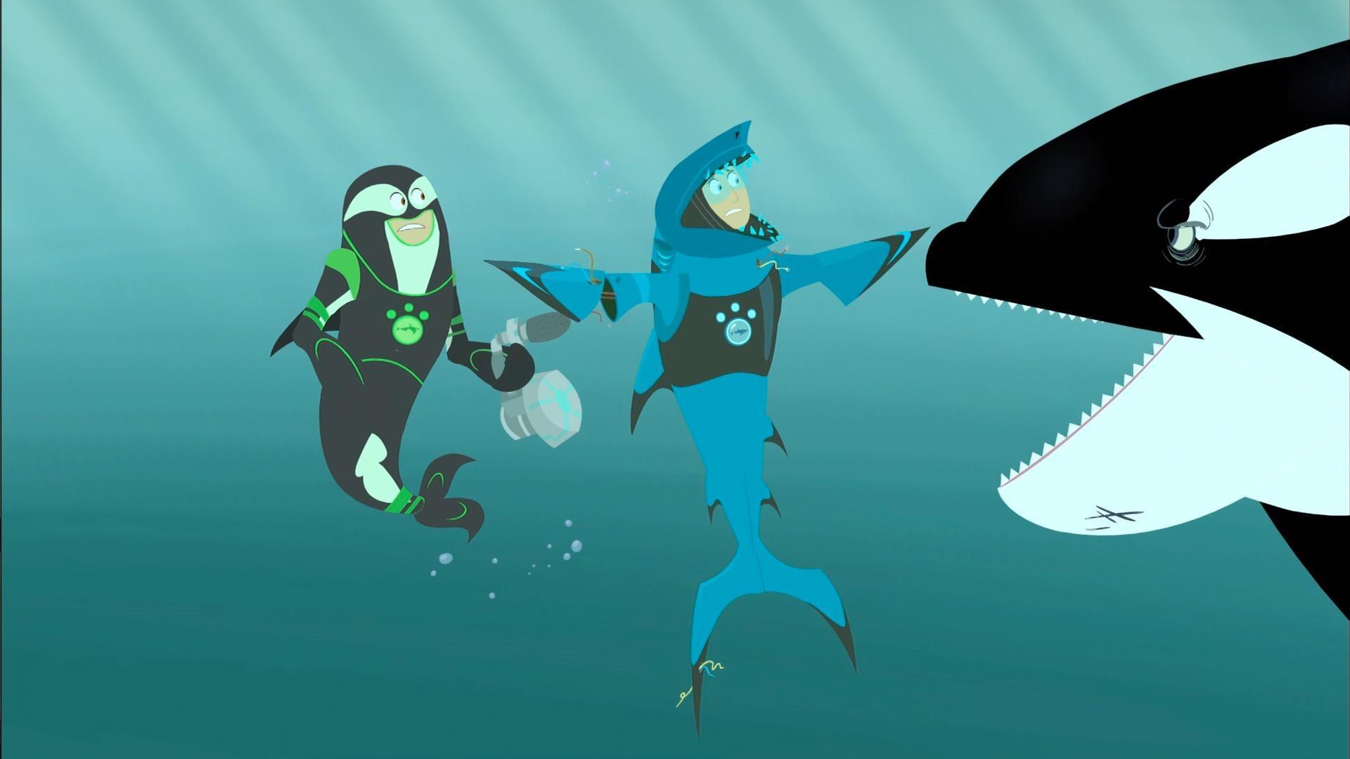 Martin's creature power suit turns him into a shark in front of a giant shark-eating orca!