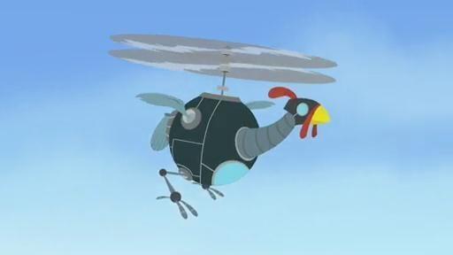 Chris and Martin follow a caracal in their guinea fowl-shaped flying machine.
