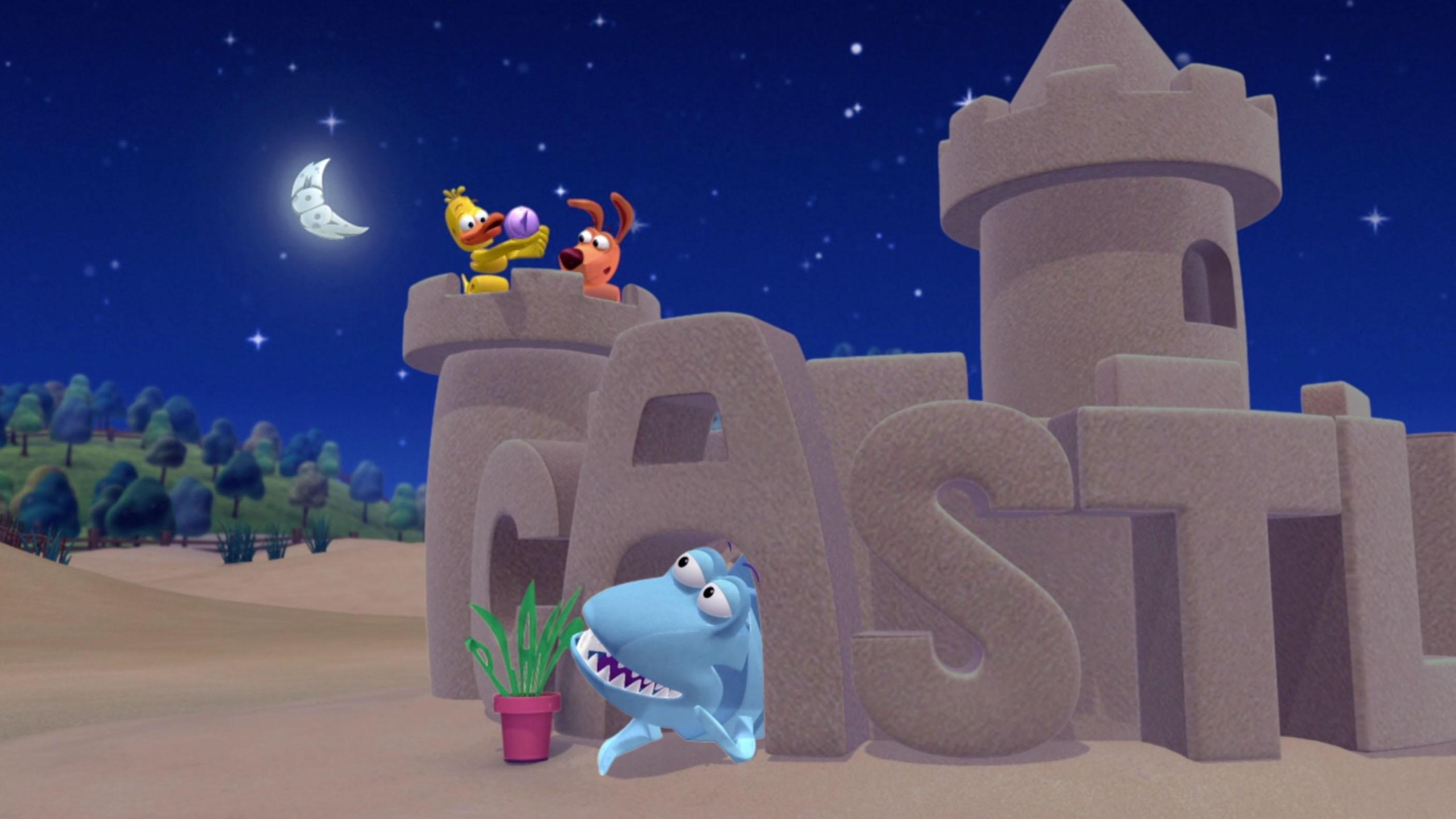 Duck and Shark discover the perfect home for Shark./Duck thinks Frog doesn't want to play.