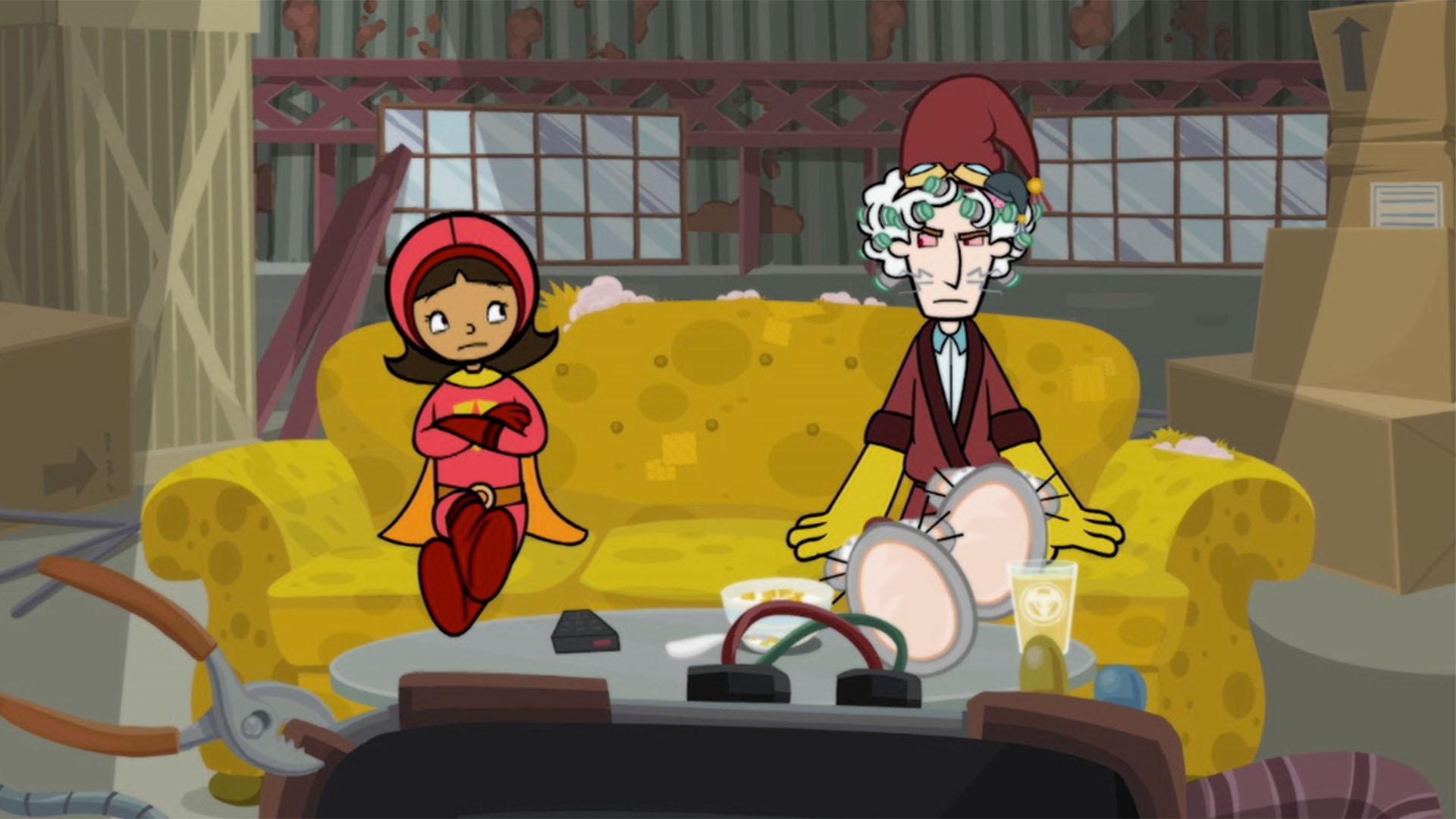 WordGirl interrupts Dr. Two Brains's breakfast.