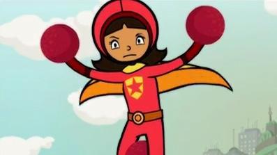 Captain Huggy Face and WordGirl play a game of dodgeball against 50 of Tobey's robots.