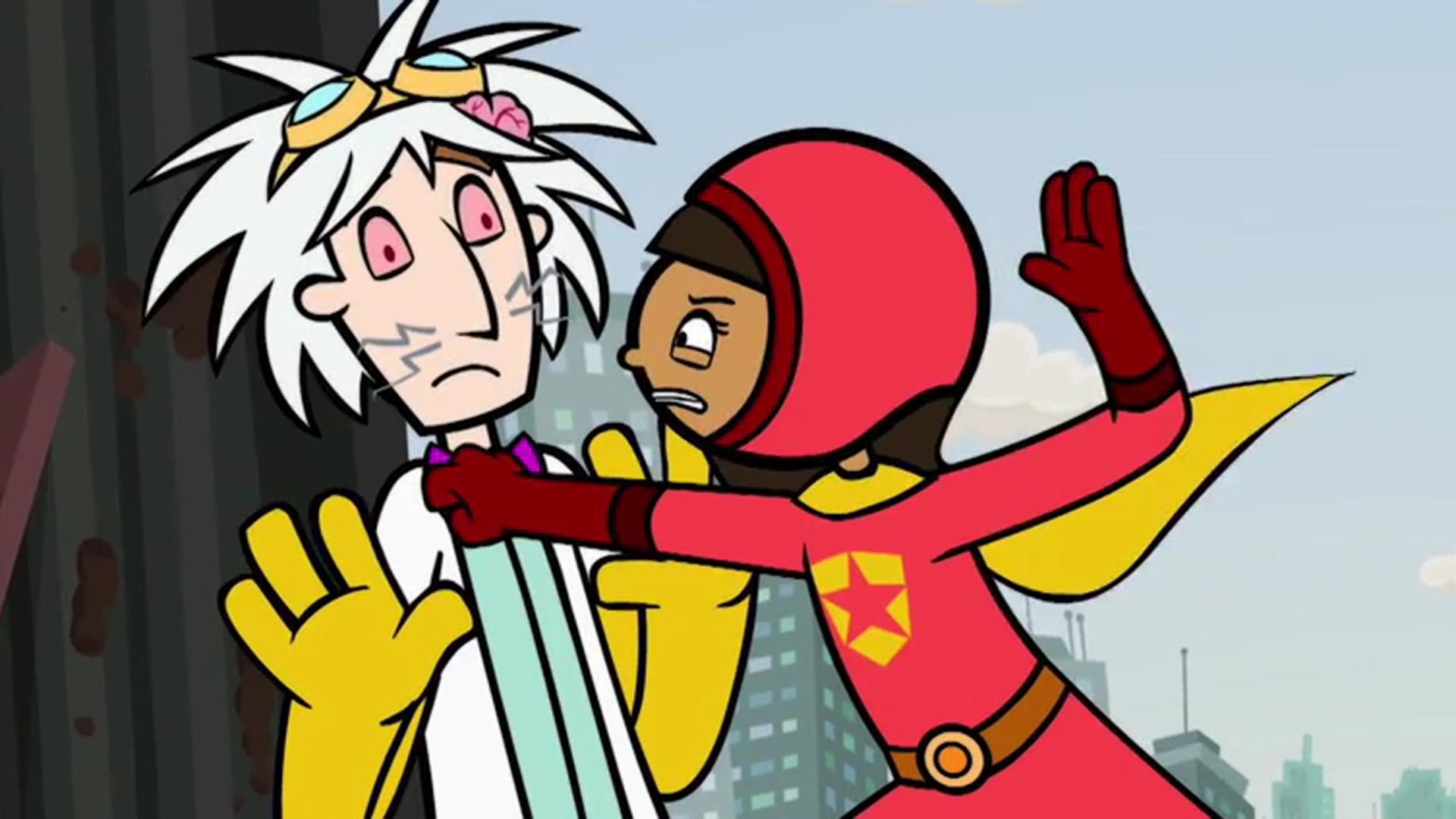 Dr. Two Brains discovers the cheesteroid and shares the news with WordGirl.