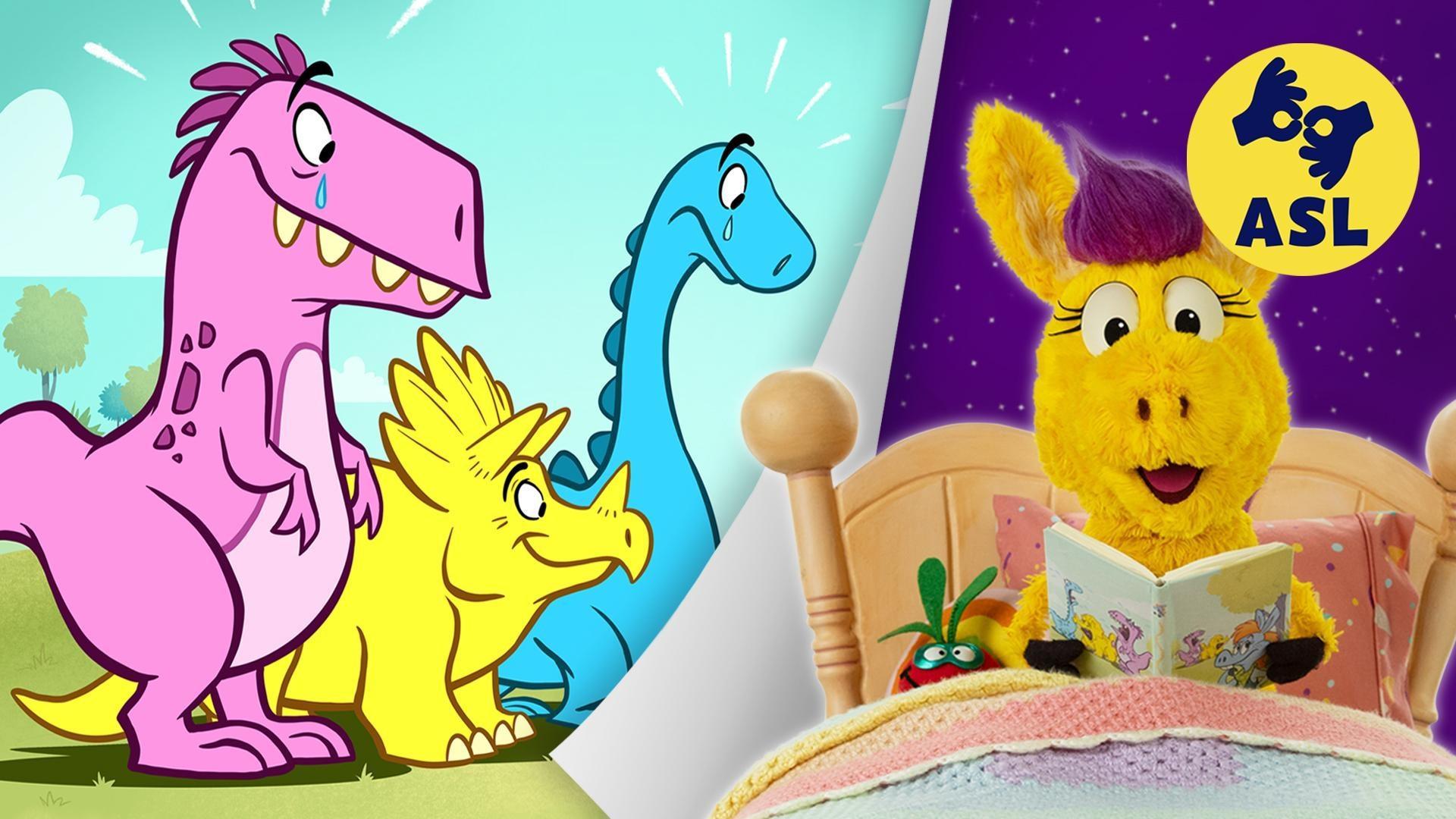 Donkey Hodie reads a bedtime story about Hee-Haw Hannah, who helps three very sad dinos.