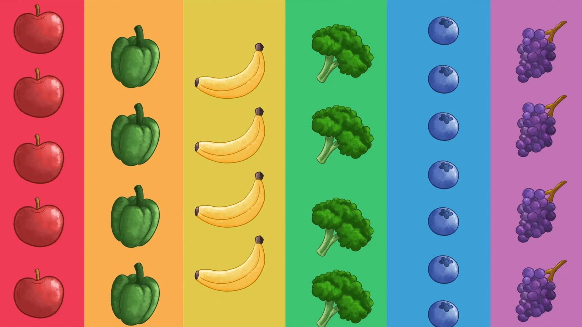 Elinor, Olive, Ari, and Ms. Llama sing about eating produce of many different colors.