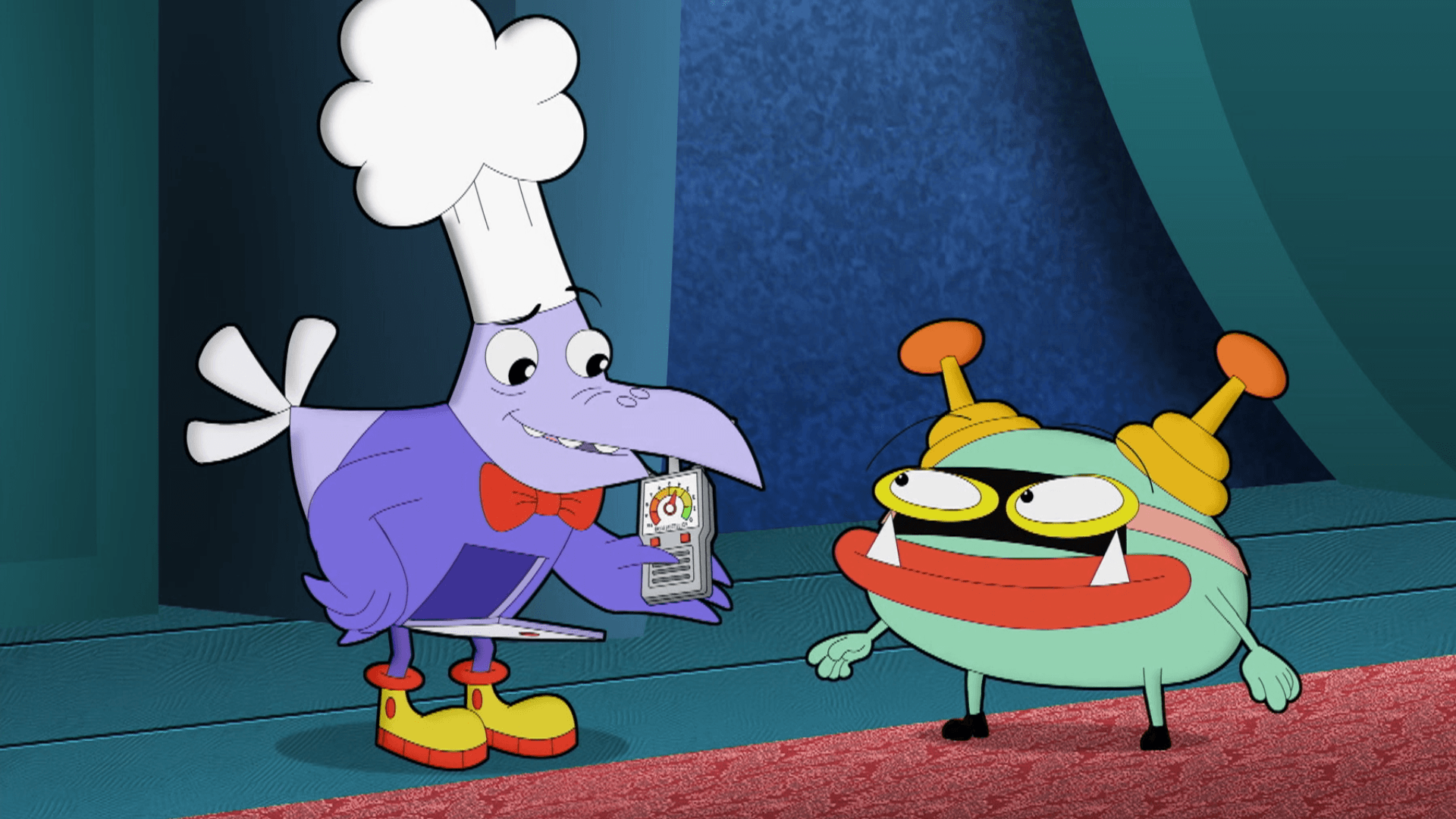 The CyberSquad helps Buzz plan a greener party with a much lower pollution score.