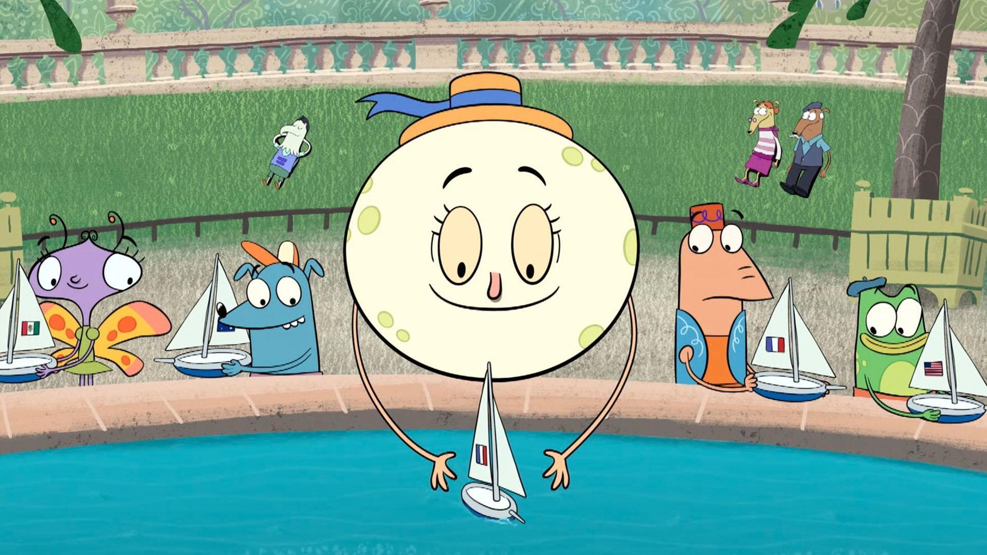 Luna, Hockbar, Andy, Carmen, and Leo sail some toy boats in the park.