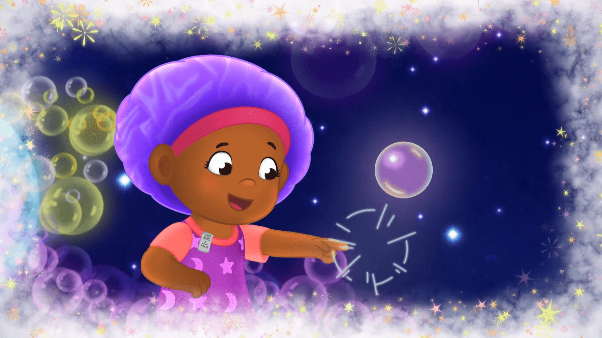Miss Elaina imagines she is hopping around on planet-sized bubbles as she sings in space!