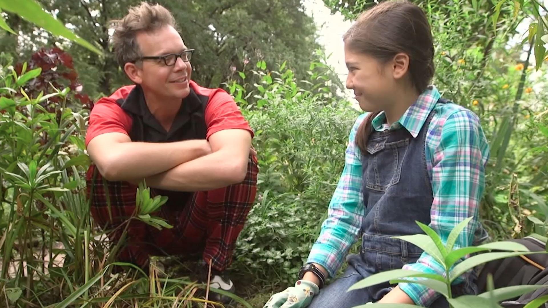 Courtney dissuades Harry from planting mint, an invasive species, in a community garden.