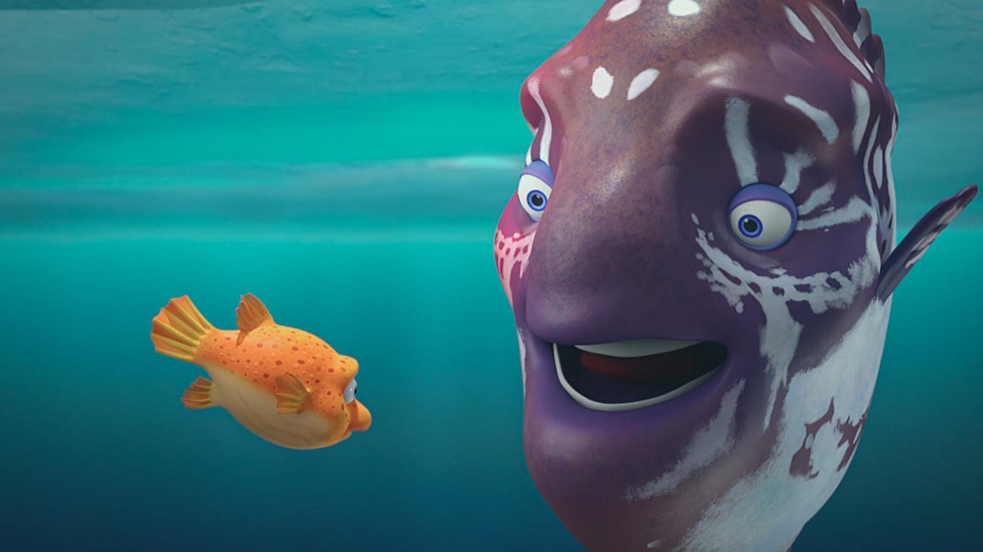 Dunk's cousin Mo has a sunburn. / Splash and friends play pretend with Finny.