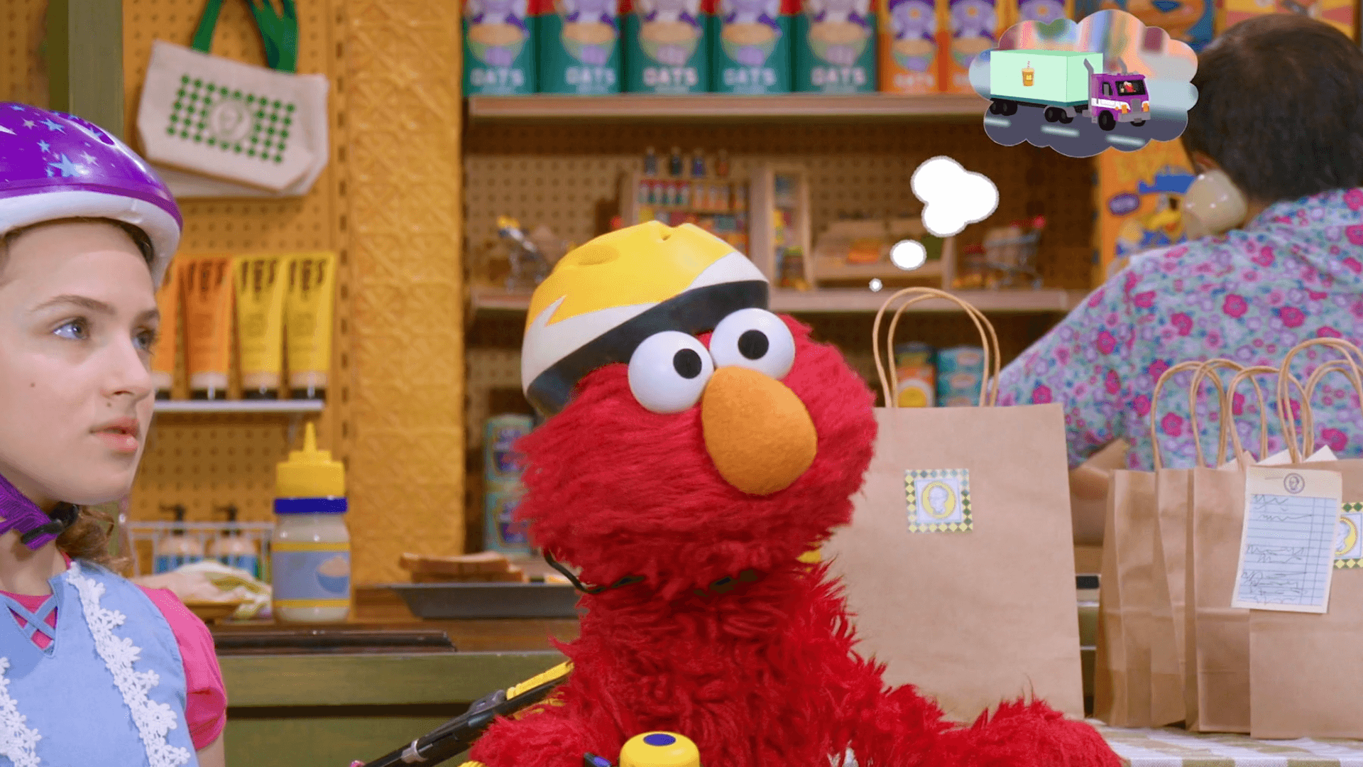 Elmo, Rosita, and Charlie help Alan by delivering lunch on Sesame Street!