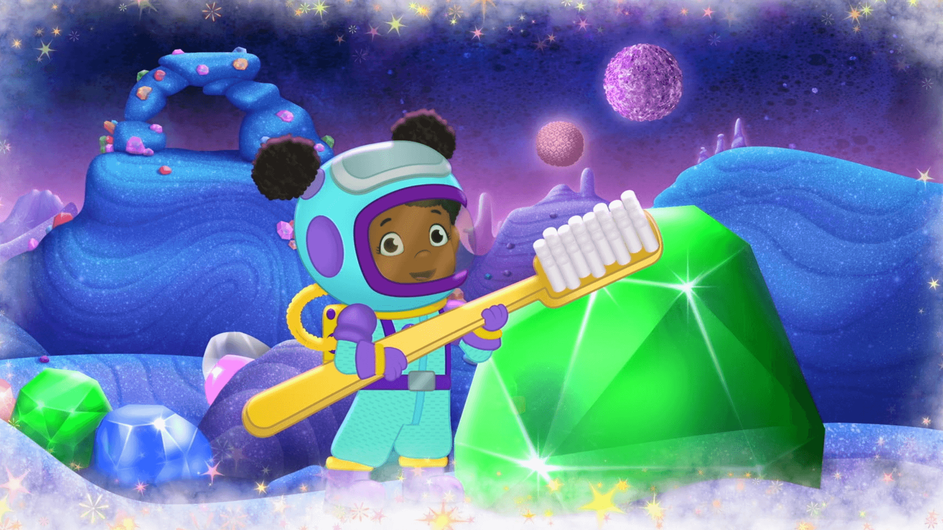 Miss Elaina imagines she's exploring space with a really big tooth brush!