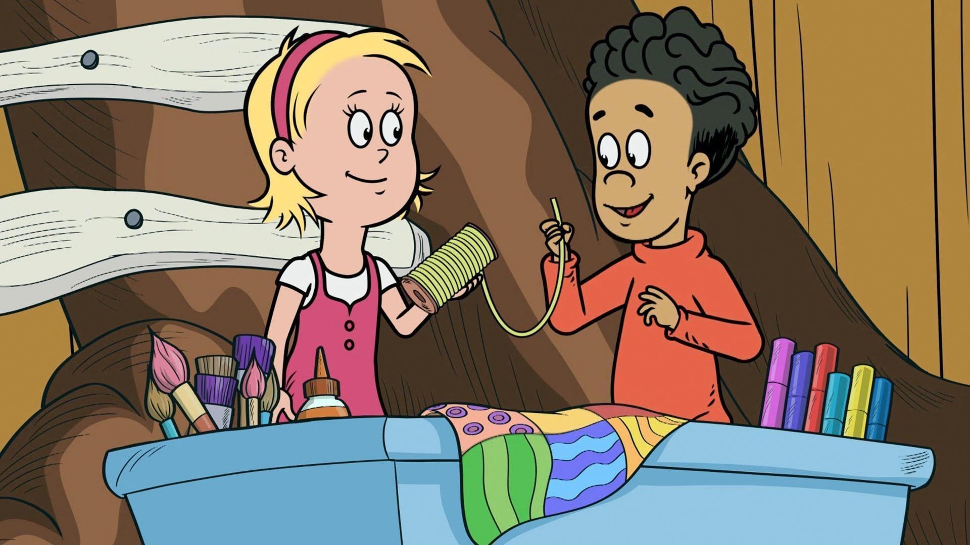 Sally hace una cuerda de cordón lo suficiente fuerte para jalar un tren de cartón.