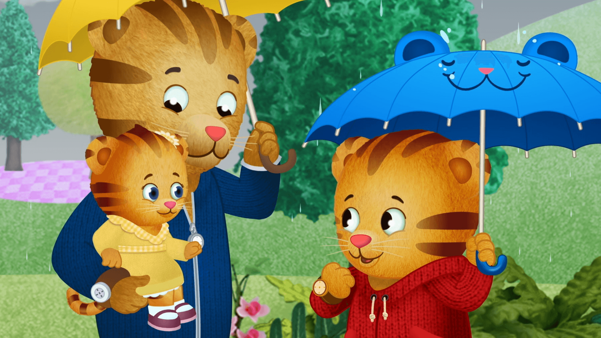 The Tiger Family goes on a walk in the rain and sings a special rain song together.