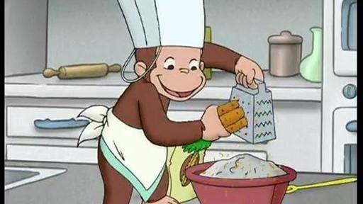 The Man with the Yellow Hat and George rescue a theatre. / Professor Wiseman bakes a cake.