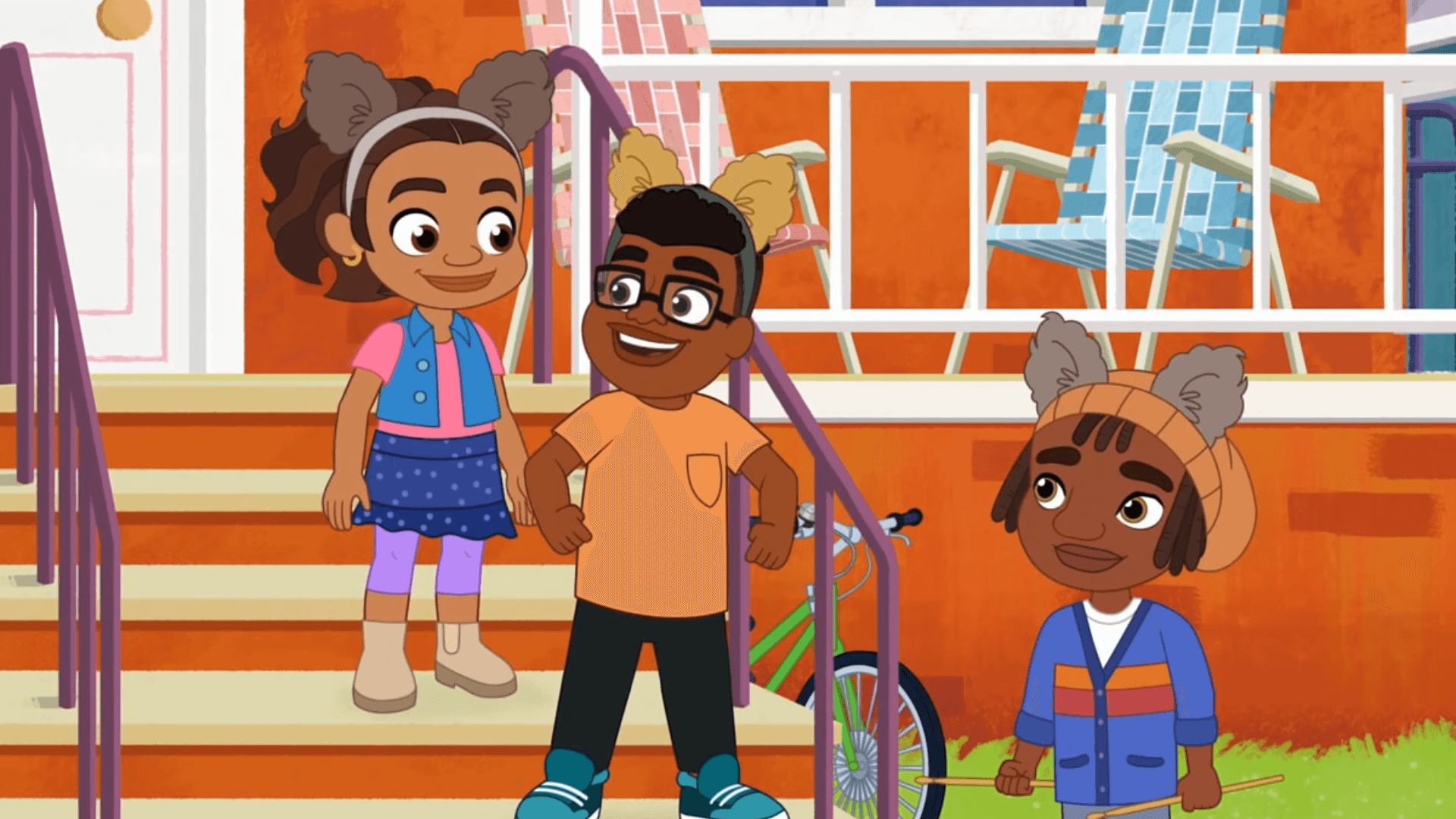 Alma and André jam out in front of Alma's house as the Bronx Squirrels.