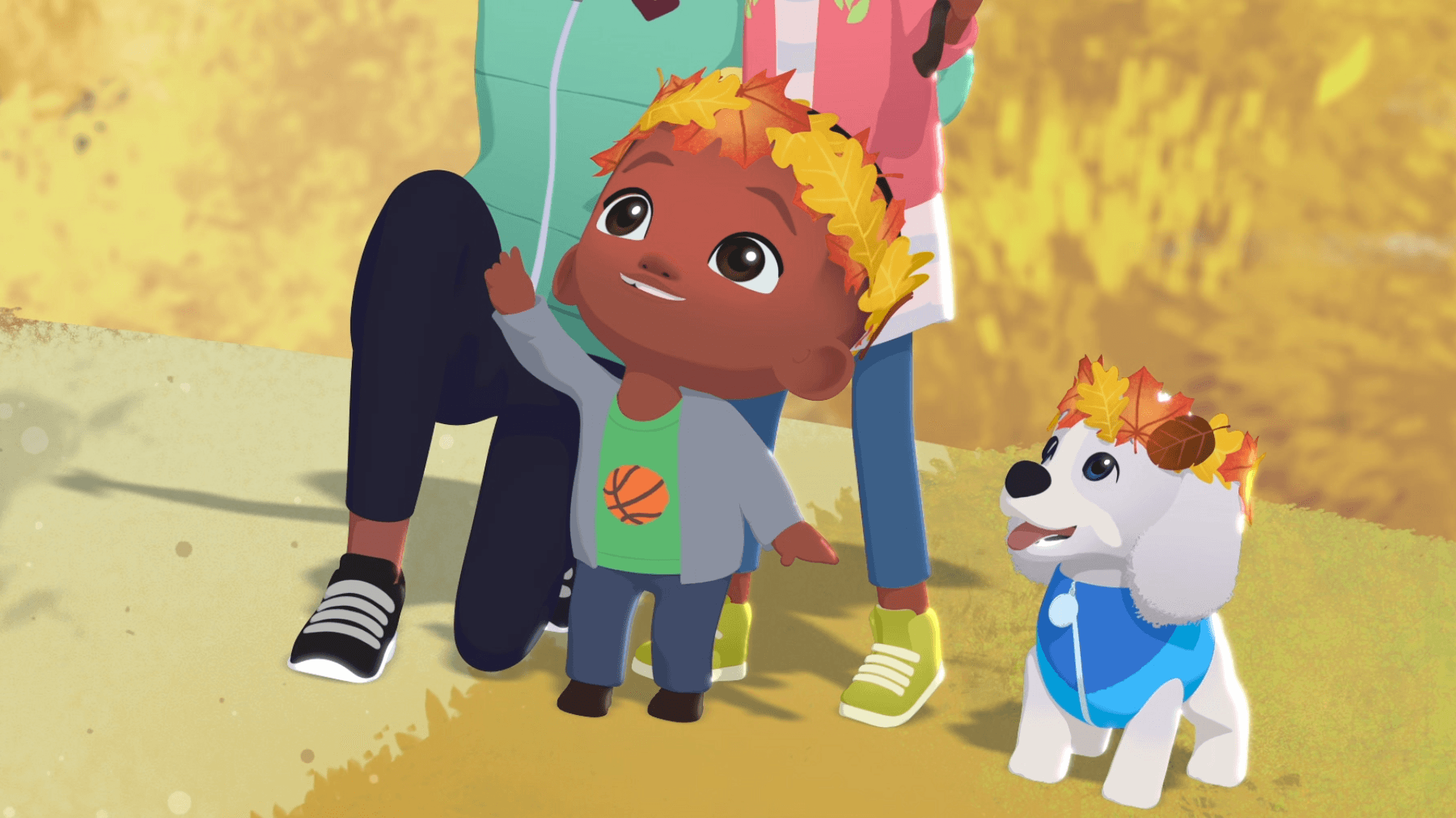 Dot, Corky, and Benny make a leaf mosaic with the Fall leaves.