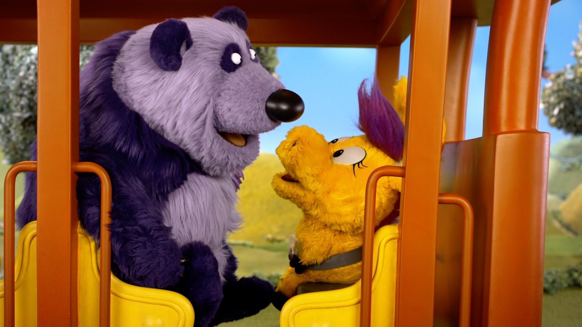 Trolley helps Donkey Hodie and Purple Panda take a snow sculpture to Someplace Cold fast!