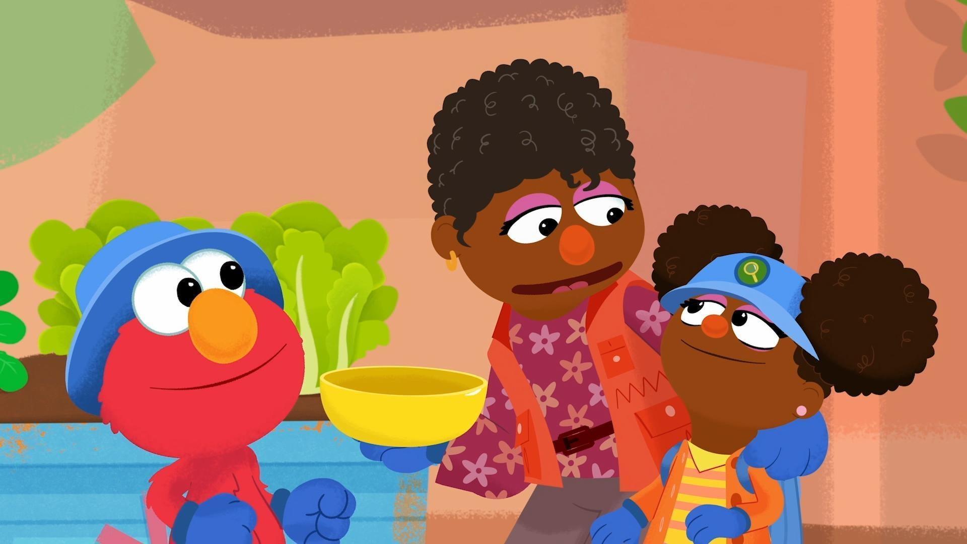 Elmo, Gabrielle, and Tango explore a garden to make a delicious salad with Grandma Nell.