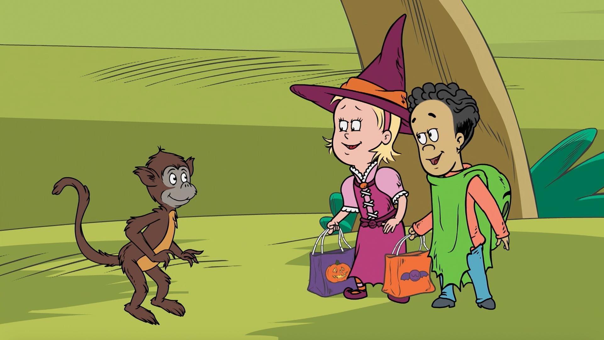 Nick and Sally make Halloween masks. /The Cat in the Hat takes the kids trick-or-treating.