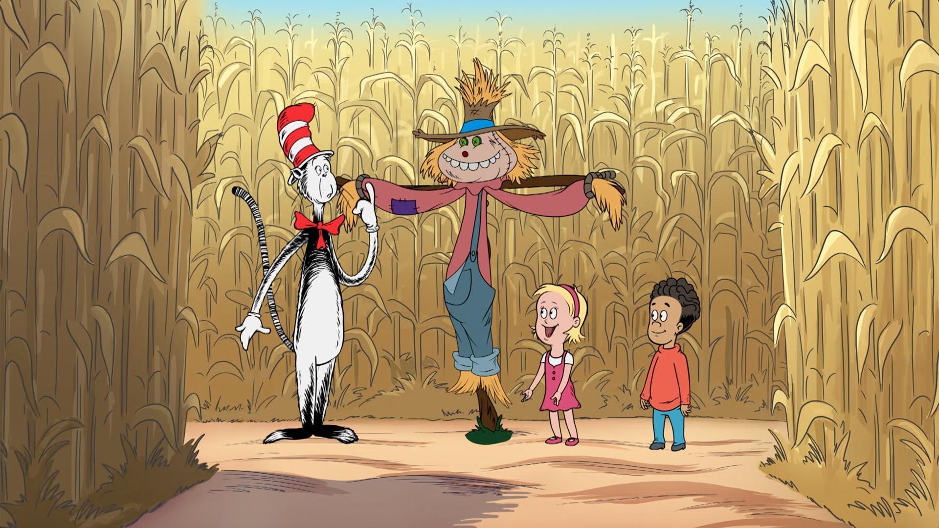 Sally, Nick and The Cat explore a corn maze.