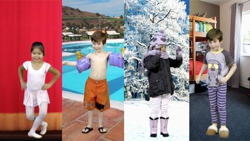 Luke and Sophia put on different outfits for different weather and activities.