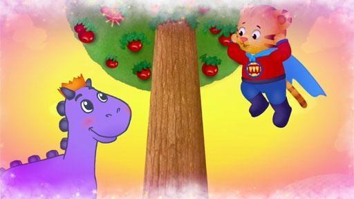 Daniel imagines that he is Super Daniel helping the friendly dragon reach the apples.