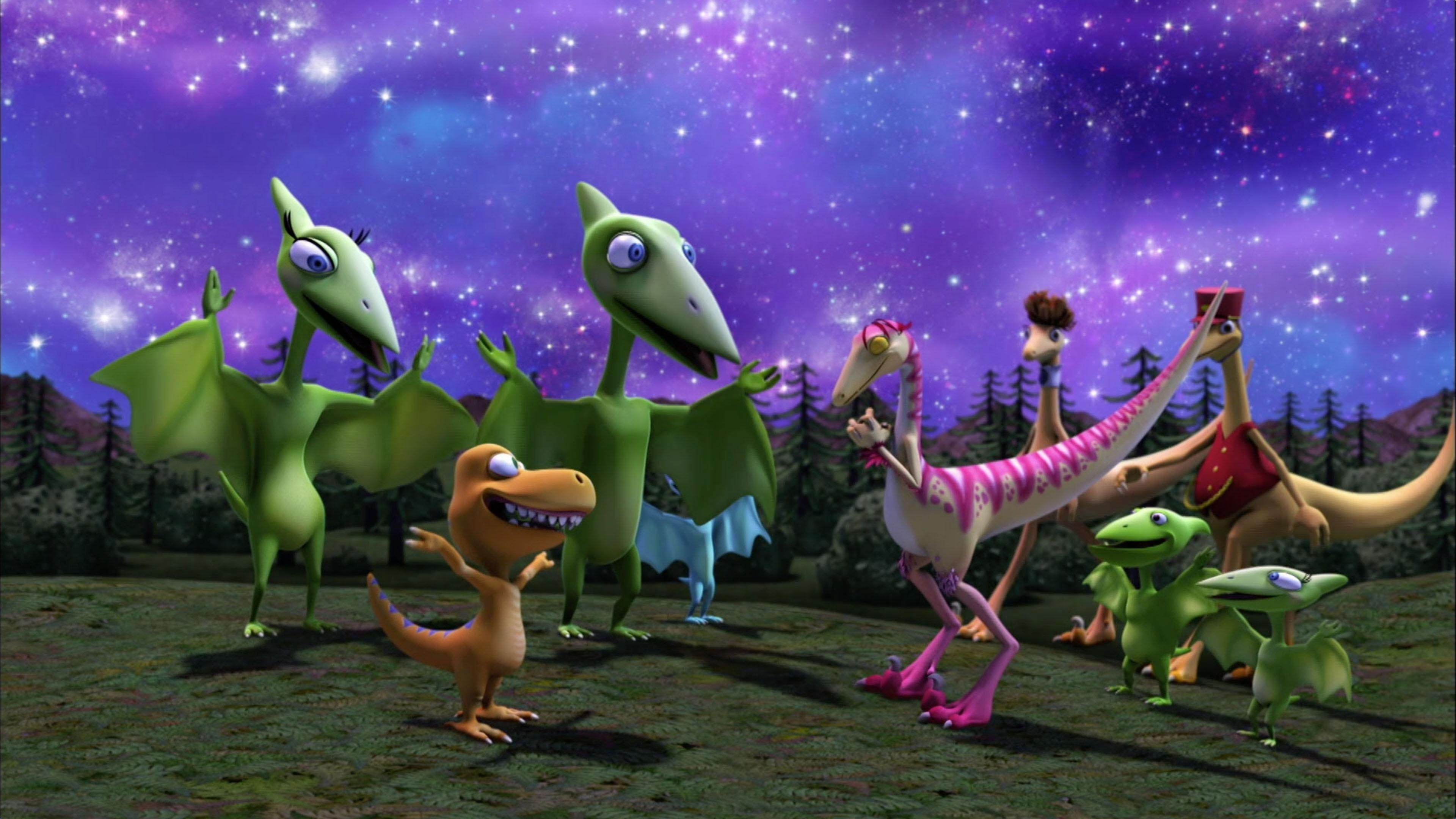 The Pteranodon family rides a special 'Night Train". / The kids build a clubhouse.