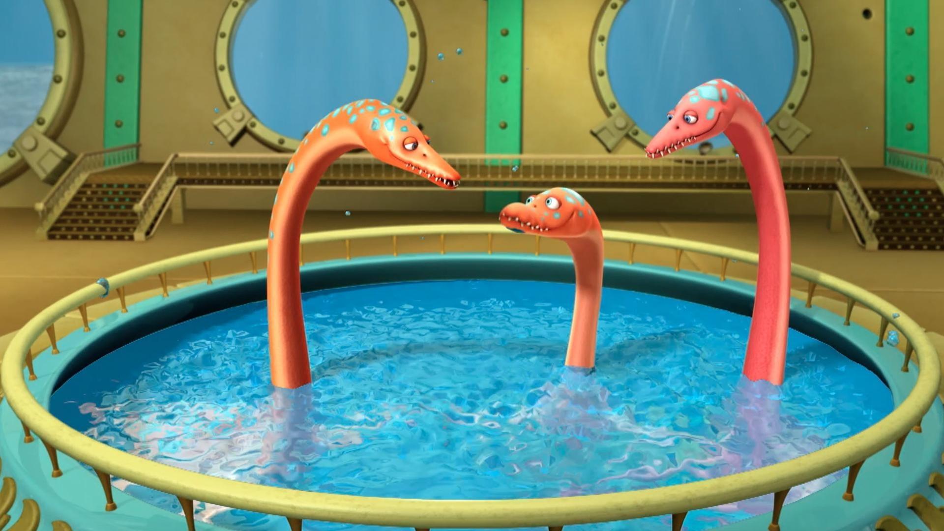 The Pteranodons return Elmer to his home in the ocean./The Pteranodons host a block party.