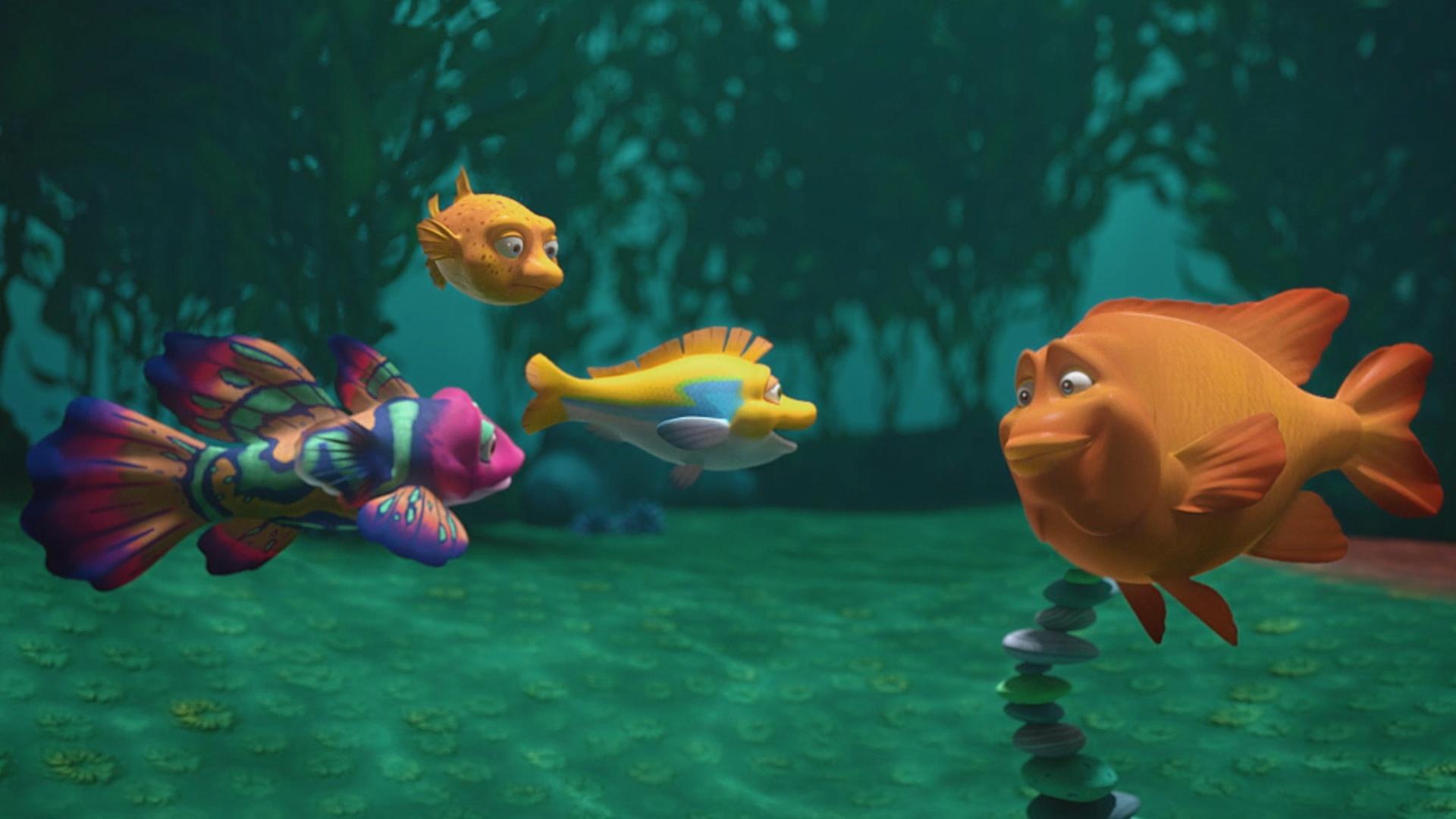 The gang meets Tidy the garibaldi fish. / Bubbles injures her fin.