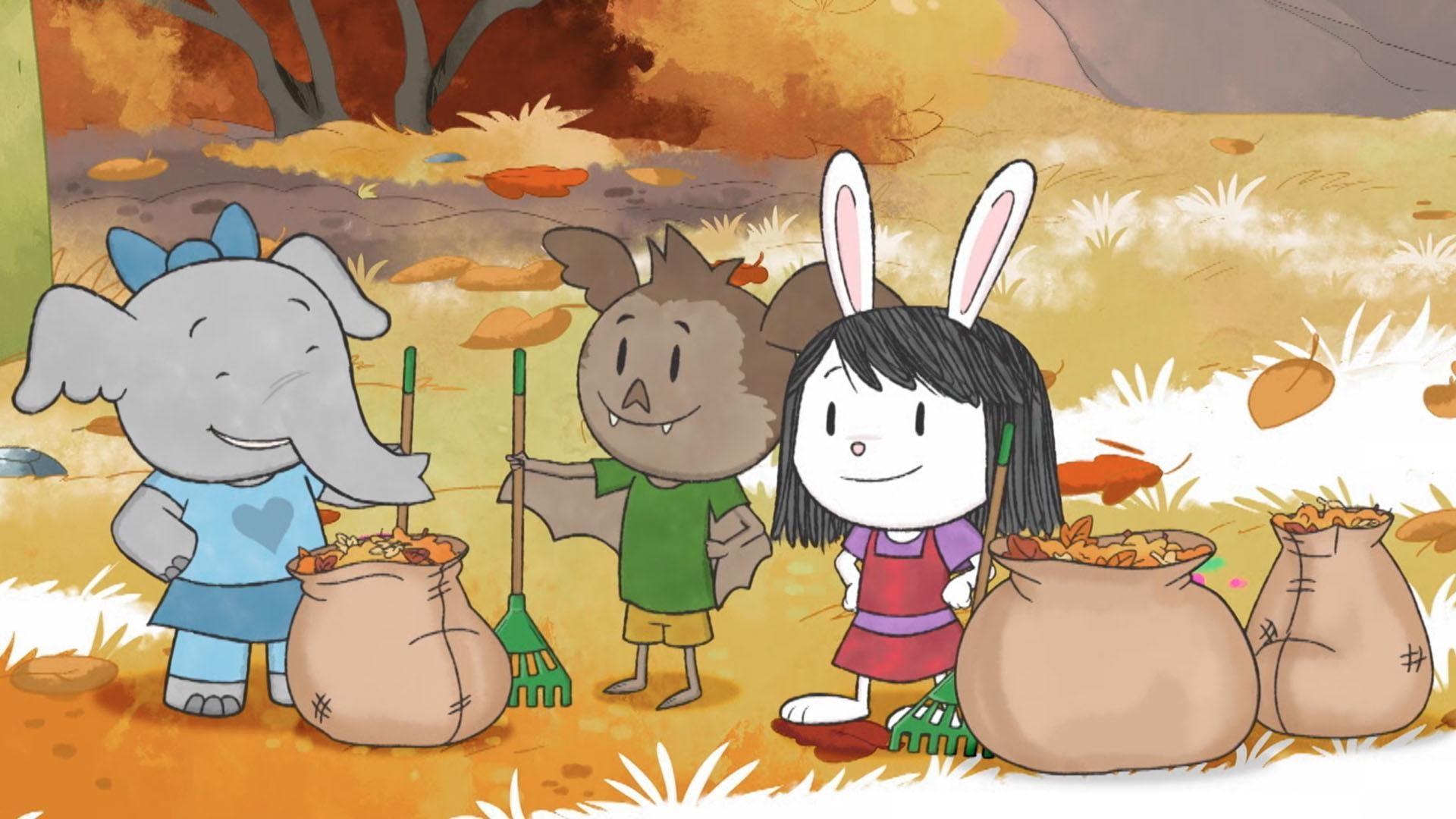 Elinor and friends help Ari's dad raking the yard, but wonder about the fallen leaves.