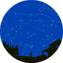  An illustration of a landscape with a sky full of stars. Several constellations are drawn by connecting the stars.