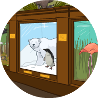 An illustration of a diorama from a museum, with a polar bear and a penguin behind the glass of the exhibit.