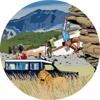 An illustration of an adventure scene made up of a variety of activities. A rock climber climbs a stack of rocks. A safari goes by with several observers looking at a lion in the tall grass. Hikers cross terrain.