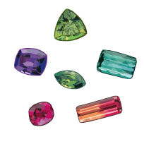 An illustration of six colorful gemstones of all different colors and shapes.