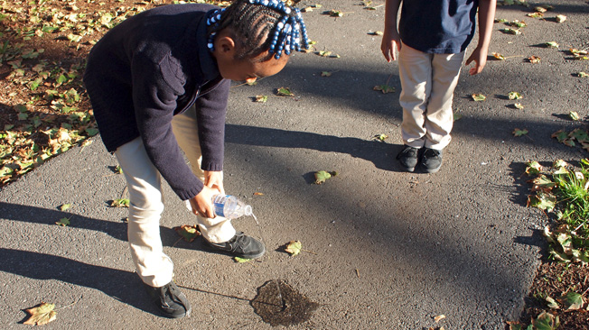 Girl pours water on pavement